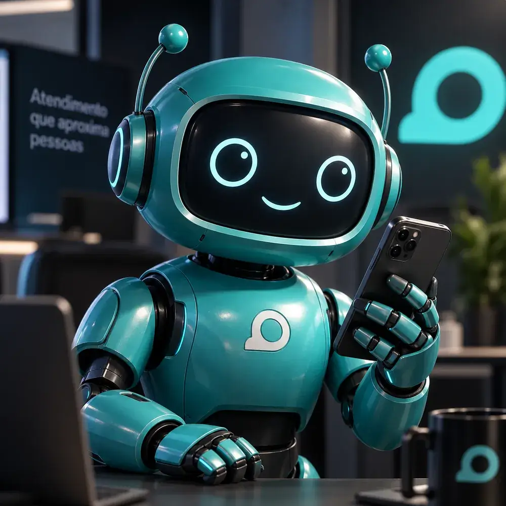 Mascote da WMbot em um escritório atendendo pelo celular