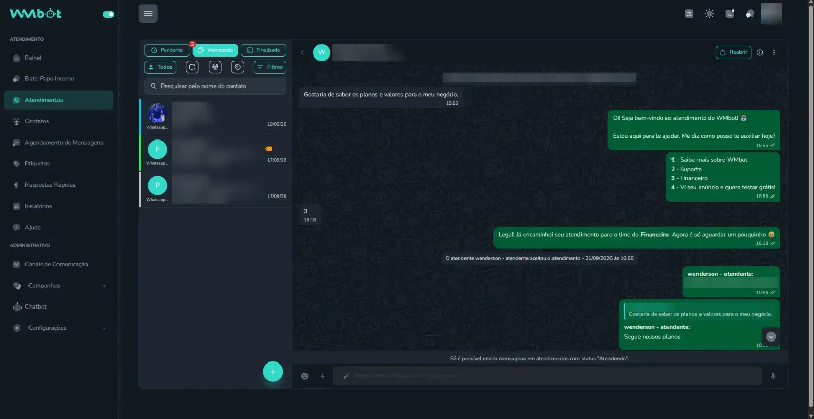 Tela de conversas e filas da WMbot